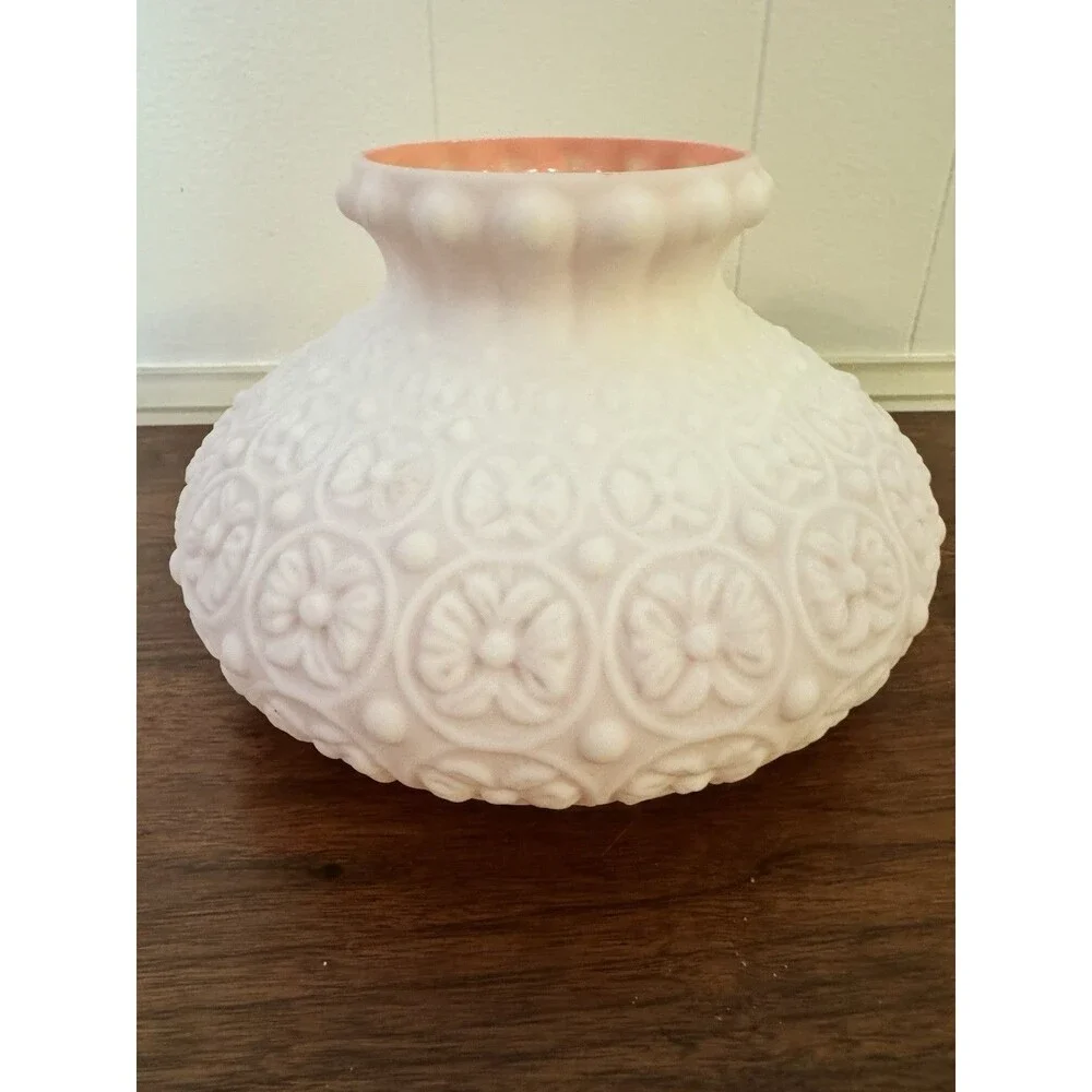 Case Glass Embossed Floral Daisy Dot Pink Inside Satin Kerosene Oil Lamp Shade